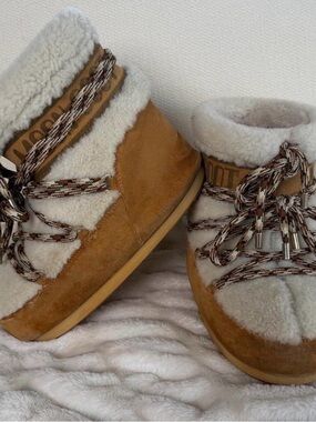 Moon Boot Women's Suede and Shearling Lace-Up Boot in Tan and Cream